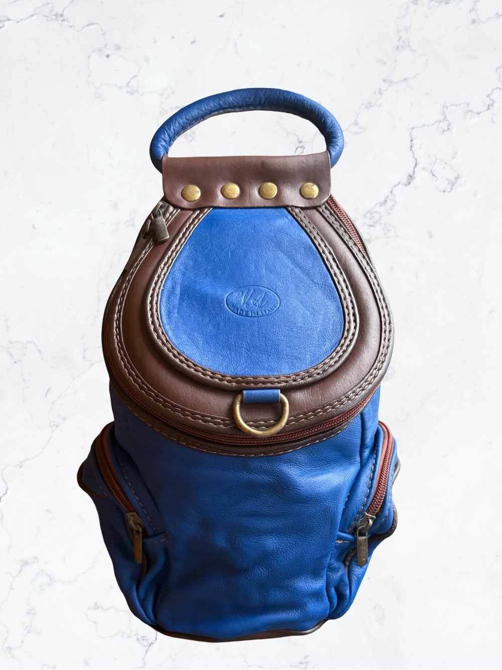 VA Italian Blue and Brown Leather Backpack Purse